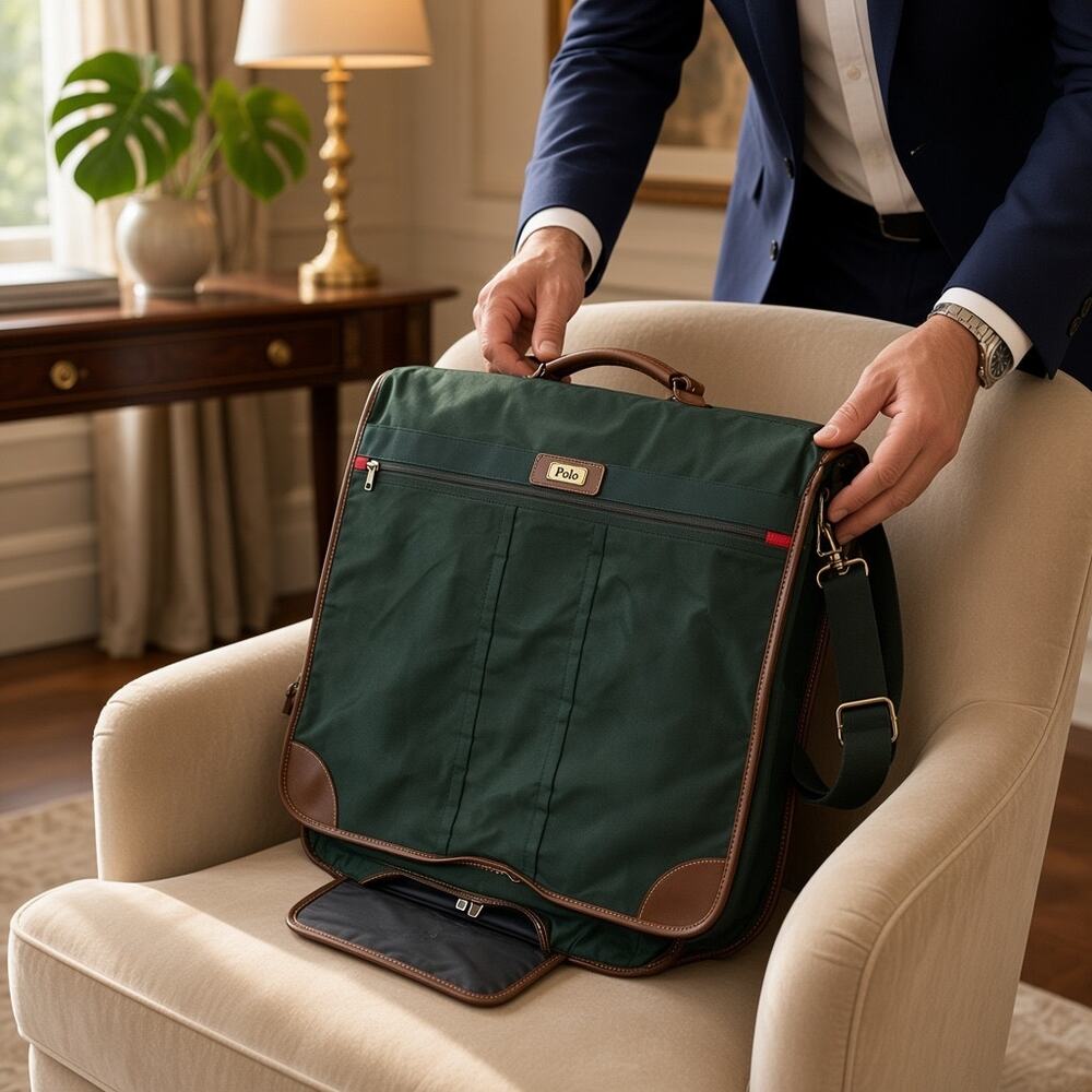 Vintage Holiday Brand Garment Bag / Suit Carrier - Dark Green & Brown